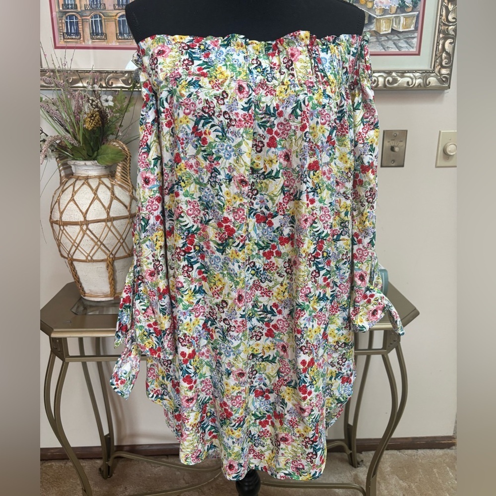 H&M MULTICOLOR FLORAL OFF THE SHOULDER CASUAL RELAXED STYLE TUNIC BLOUSE SIZE 14 - Picture 8 of 13